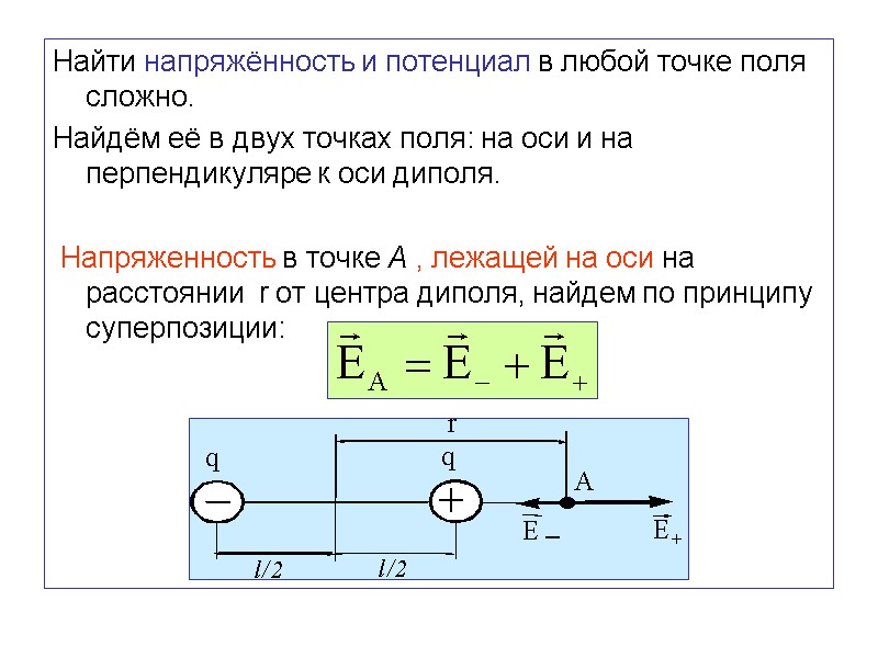 Найти напряжённость и потенциал в любой точке поля сложно. Найдём её в двух точках
